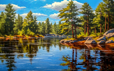 Fototapeta na wymiar Acrylic painting of a landscape with a calm forest lake, in the water of which trees are reflected.