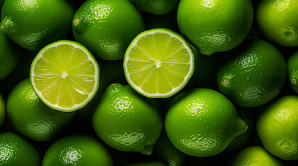 A group of limes with one cut in half - fruit background wallpaper