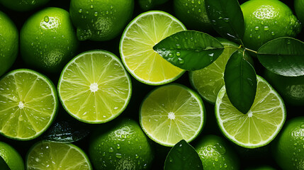 A group of limes with leaves - fruit background wallpaper