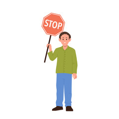 School boy child cartoon character holding stop prohibition road traffic sign isolated on white