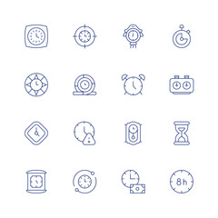 Clock line icon set on transparent background with editable stroke. Containing target, agile, time, waiting, wall clock, clock, alarm clock, time is money, chronometer, timer, sand clock, hours.