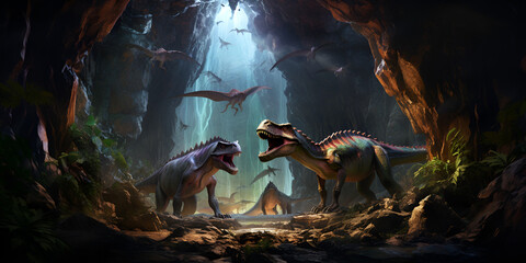 A thunderstorm with a group of magical creatures taking refuge in a cave , 