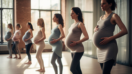 A group of pregnant women in sportswear doing yoga in the gym. - obrazy, fototapety, plakaty
