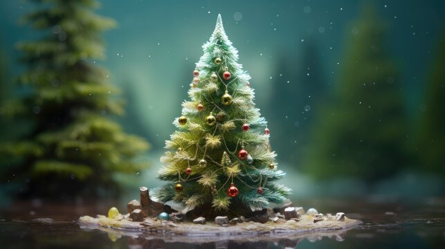 christmas tree with light blurry trees background
