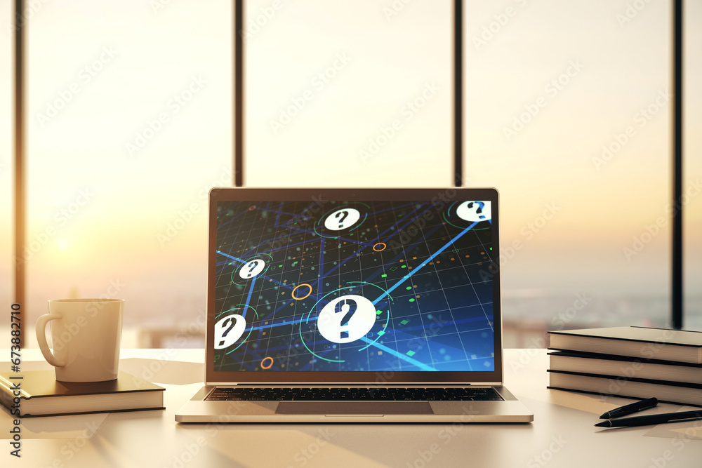 Aufkleber Creative abstract question mark sketch on modern laptop monitor, FAQ and research concept. 3D Rendering