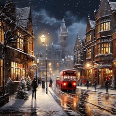 Winter snowy small city street with lights in houses, falling snow town night landscape. background.