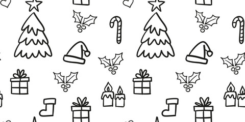 Christmas seamless pattern. Holidays elements in endless texture background. Doodle illustrations.