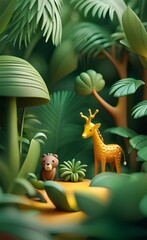 Tropical Trees and safari animals wallpaper design - 3D illustration, Generative AI
