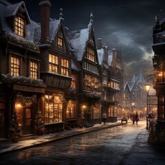 Fototapeta premium Winter snowy small city street with lights in houses, falling snow town night landscape. background.