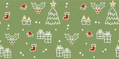 Christmas seamless pattern. Holidays elements in endless texture background. Doodle illustrations.