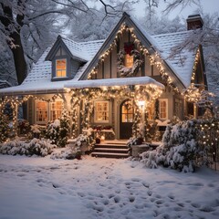Winter snowy small city street with lights in houses, falling snow town night landscape. background.