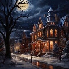 Winter snowy small city street with lights in houses, falling snow town night landscape. background.