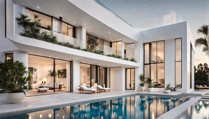  White building with a stunning outdoor pool. - obrazy, fototapety, plakaty