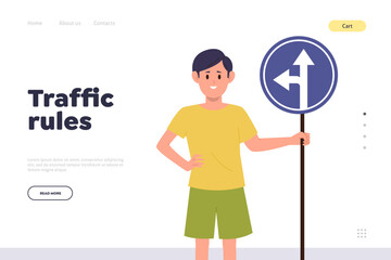 Traffic rules for safety of children landing page design template with cute boy holding roadsign