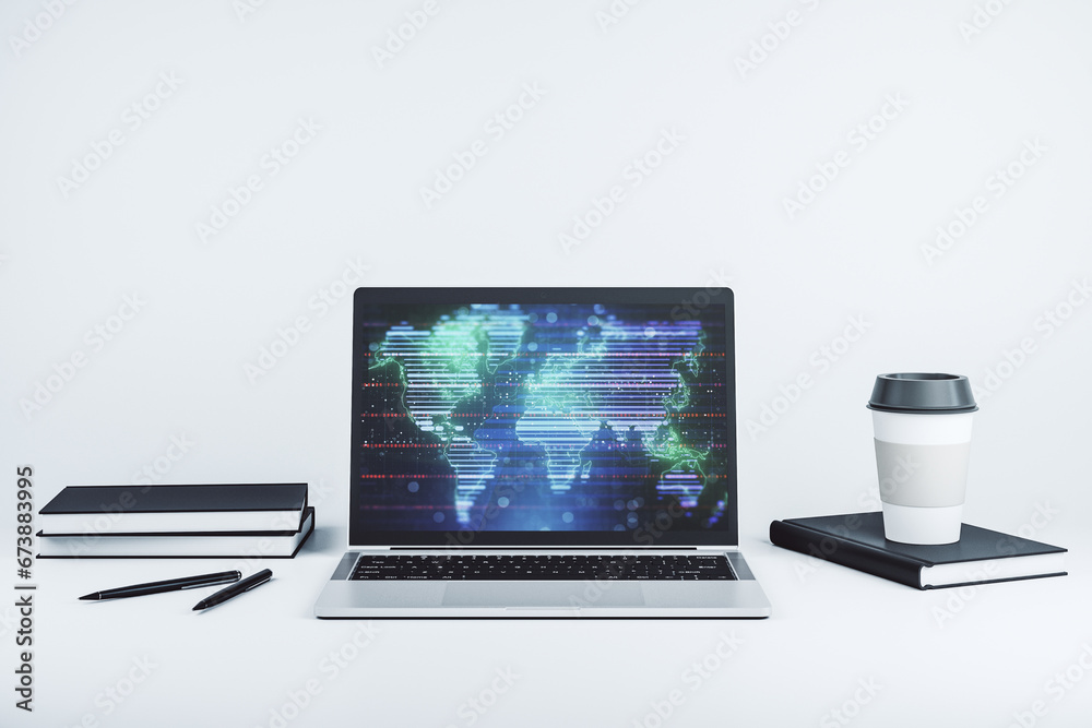 Poster abstract creative digital world map on modern laptop monitor, tourism and traveling concept. 3d rend
