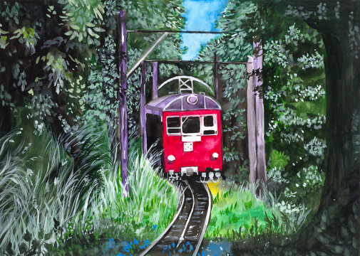 Gouache illustration of a summer landscape with a red train among dense shady green trees (This illustration was created without the use of artificial intelligence!)