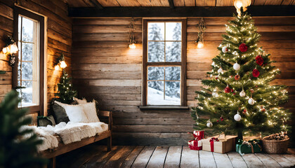 wooden cabin interior with a christmas tree decorated and shinning with lights full of gift under. Next to a window with natural sunlight during winter season