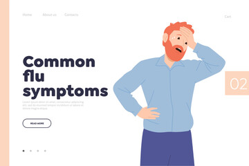Fototapeta na wymiar Common flu symptoms medical online service landing page design template with sick man character