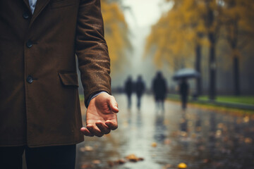 Rain is dropping on a man's hand.Sweet smell of rain - obrazy, fototapety, plakaty