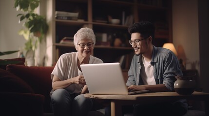 asian young man teaching his grandma using laptop in cozy living room