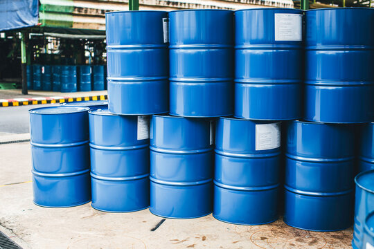 Barrels stock chemical products The metal barrels are blue. Chemistry