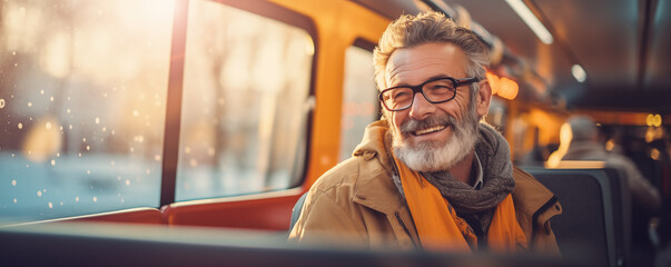 Old man sitting in the urban bus in winter. - obrazy, fototapety, plakaty