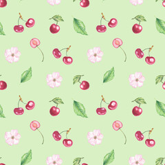 Cherry watercolor seamless pattern for design wallpaper, textile. Print watercolor and graphic botanical illustrations for art design.