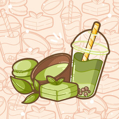  composition matcha cake, macarons, powder and bubble tea -  Illustration for kids books, recipes,  gift card - Kawaii style dessert and cake, restaurant