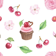 Cherry watercolor cake seamless pattern fruit. Element watercolor and graphic botanical illustrations for art design, wallpaper, textile.