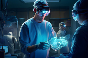 Surgeons performing an intervention in an operating room with the help of virtual reality