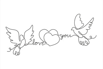 Hand drawn one line vector. Flying pigeons and two hearts with inscription 