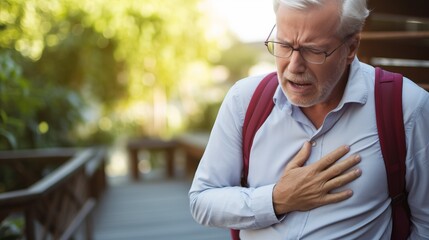Man with chest pain and shortness of breath, a symptom of angina - obrazy, fototapety, plakaty