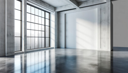 Fototapeta premium Interior of modern office with white walls, concrete floor and large windows. Generative AI