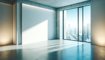 Empty room interior with city view and sunlight. Generative AI