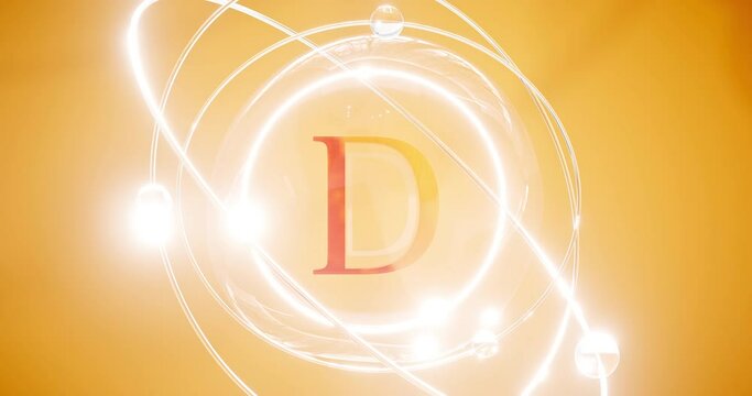 vitamin d symbol in a protective sphere with atoms and orbits revolving around, cholecalciferol 3d rendering