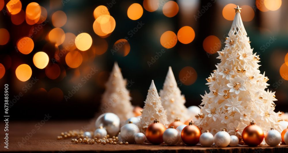 Poster christmas tree decoration on a wooden table with bokeh background. generative ai