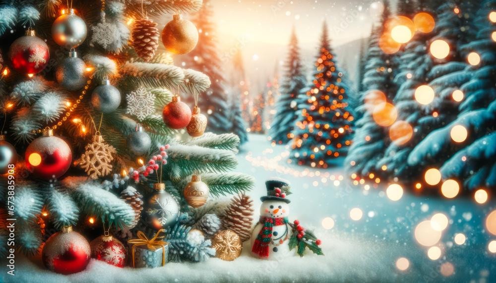 Poster christmas background with snowy fir tree, toys and bokeh lights. generative ai