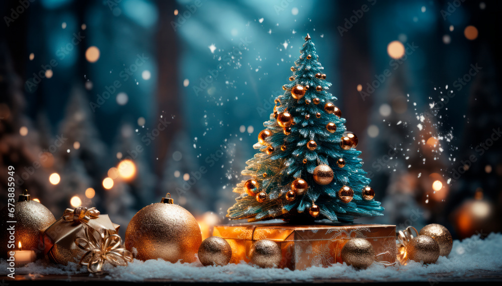 Poster christmas decoration on snow with christmas tree and bokeh background. generative ai