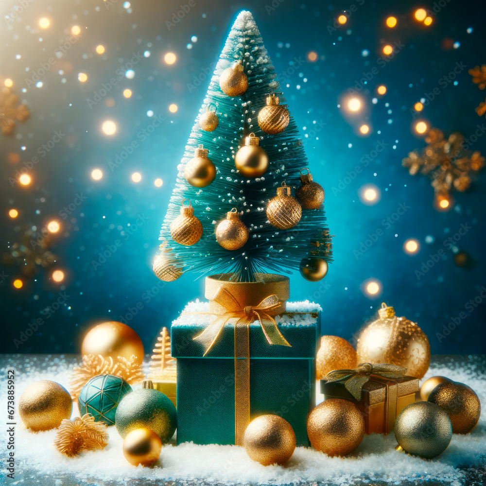 Poster christmas tree, gifts and decorations on snow with bokeh background. generative ai