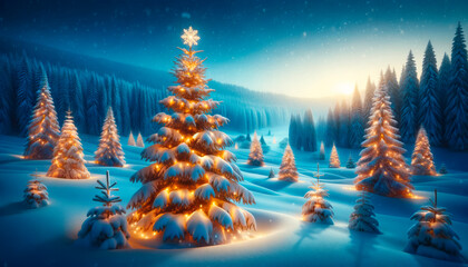 Fantastic winter landscape glowing by lights. Dramatic wintry scene. Generative AI
