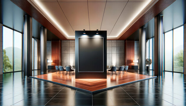 Interior of a modern conference room with a wooden floor and a black wall. Generative AI