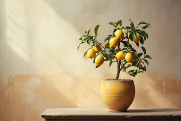 Fruiting lemon tree growing in pot on wooden table against vintage wall with sunlight.