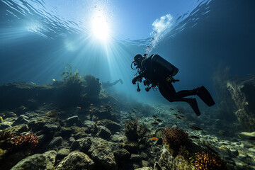 Divers are diving in the sea with coral reefs