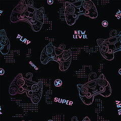 Abstract seamless gamepads pattern. Game pads repeat print on digital black endless background. Digital Text Game over, Play. Gaming repeated wallpaper for boy clothes, sport textile, wrapping paper © Kseniia Koval