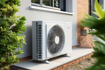 Modern Air Conditioning Unit Installed Outside a Brick House