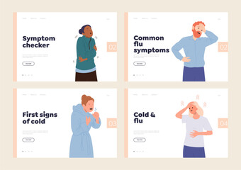 First signs of flu, cold symptoms checker online diagnosis for sick people landing page template - obrazy, fototapety, plakaty