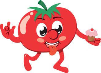 Tomate goloso comiendo un dulce, ilustración estilo flat sin líneas.