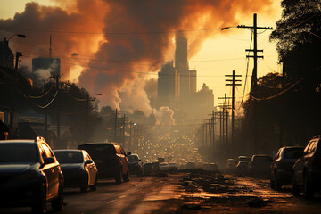 Dusty city landscape pollutes the atmosphere - obrazy, fototapety, plakaty