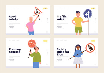 Road safety, traffic rules online training course for children landing page template isolated set