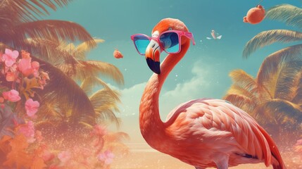 Abstract Surreal Background, Flamingo with sunglasses and palm trees beach summer